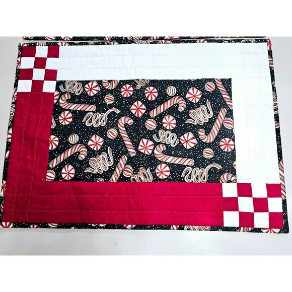 Handcrafted Christmas Quilted Placemats 20x14.5" set/2 peppermints black red whi - Picture 2 of 10
